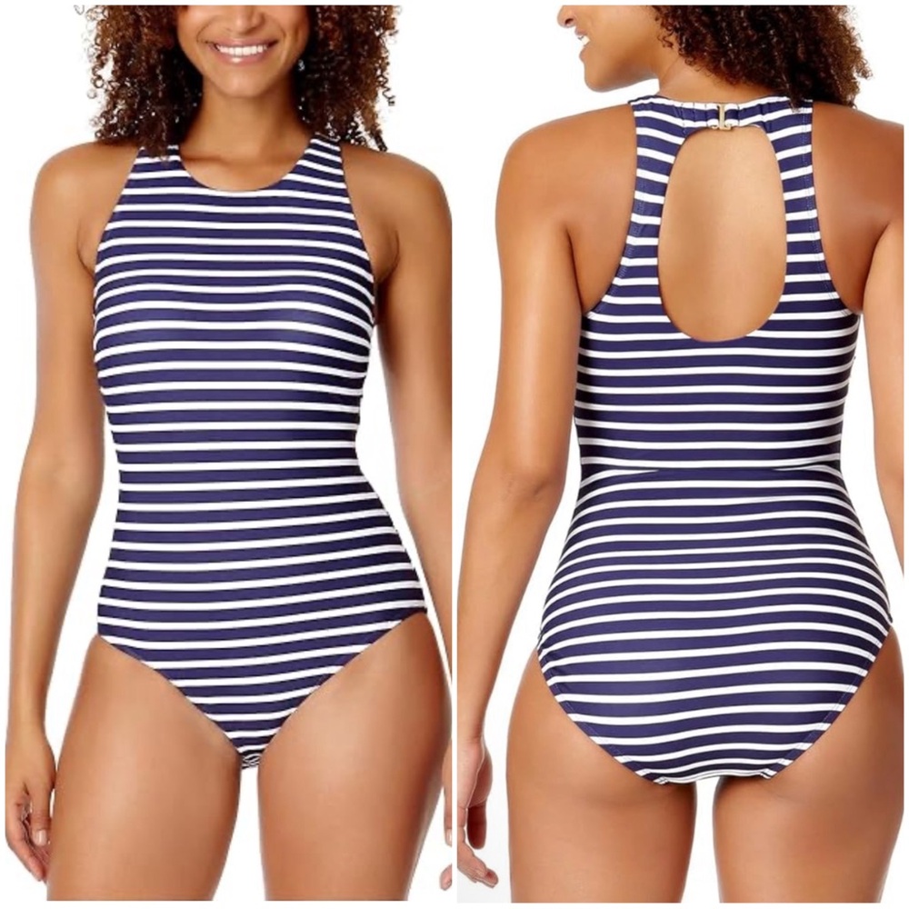 LAND’S END Women’s Size XL Navy Blue & White Stripe One-Piece Swimsuit Open Back